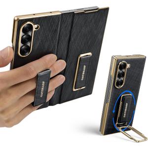 OATSBASF for Samsung Galaxy Z Fold 6 Phone Case, with Kickstand 360 Rotatable Stand & Magnetic Wristband Stand, Secure Grip, Shockproof Protective Flip Shell Cover (Black)