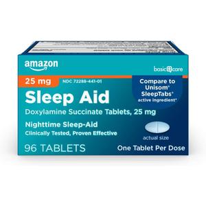 Amazon Basic Care Nighttime Sleep Aid Tablets for Adults, Doxylamine Succinate 25 mg, 96 Count, Exp Date: 2026/JAN