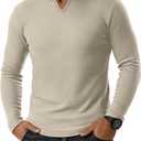 Men's Waffle V Neck Shirt Long Sleeve Thermal Pullover Top Casual Stretch Lightweight Undershirt (Medium, Khaki)
