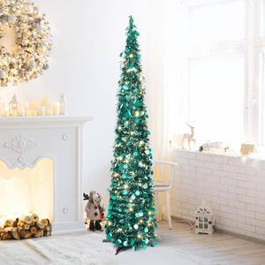 5FT Pop Up Tinsel Christmas Tree with Lights, Collapsible Pencil Xmas Trees with Round Sequins Reusable for Fireplace Home Office Indoor Holiday Party Decoration, Peacock Blue