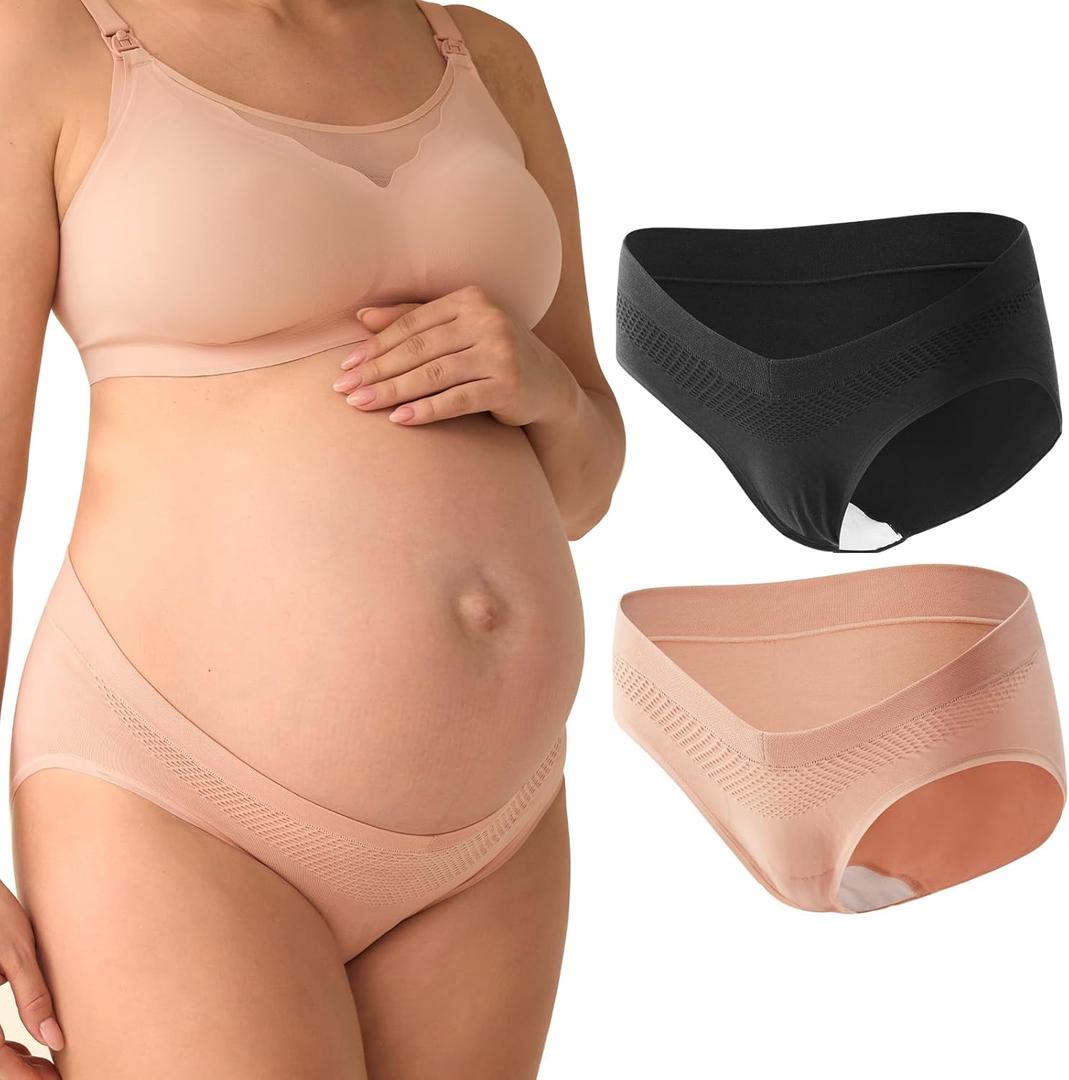 Momcozy Maternity Underwear Seamless, Pregnancy Postpartum Panties Under Bump Maternity Underwear Cotton 2 Pack (Beige, L)