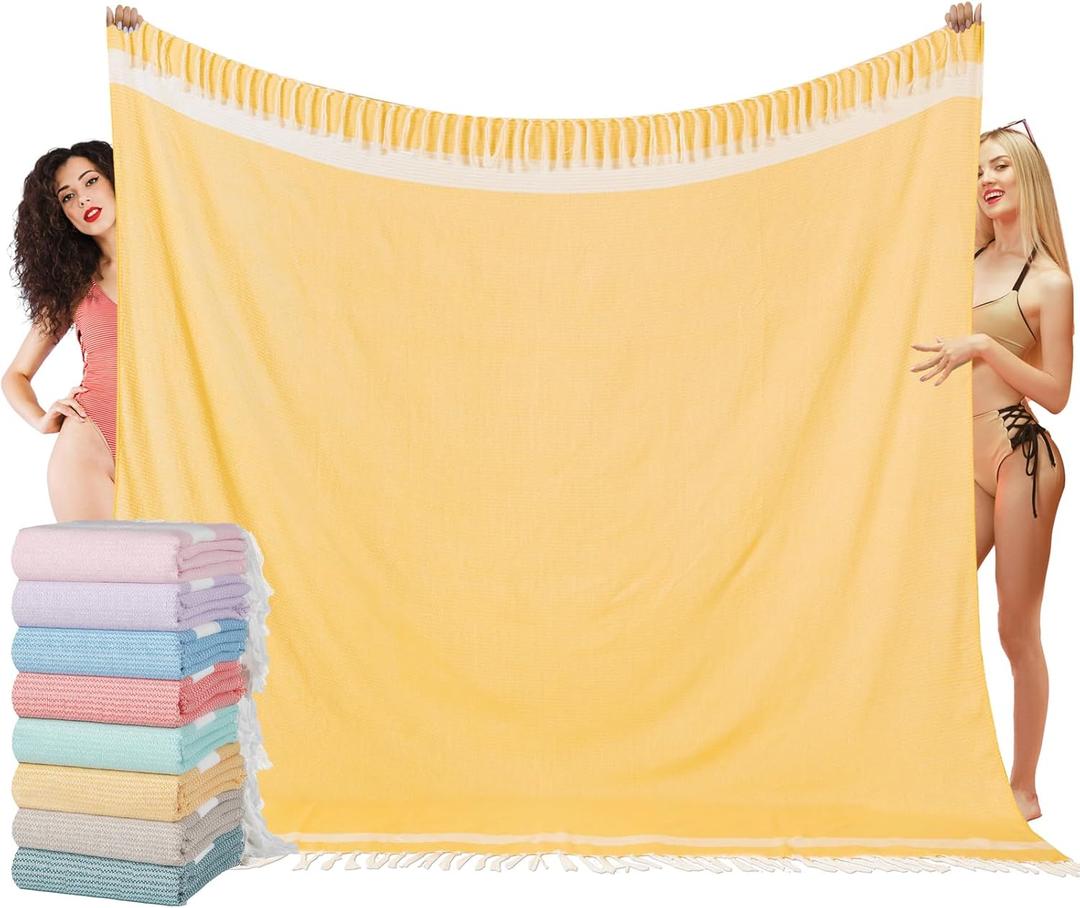 Oversized Turkish Beach Towel Blanket XXL Cotton Sandproof Towels Boho Woven Extra Large Big Sand Free Giant Throw Thick Blankets Huge Quilt XL Picnic Camping Necessities Cloud For Adult Gifts (Cten Yellow)