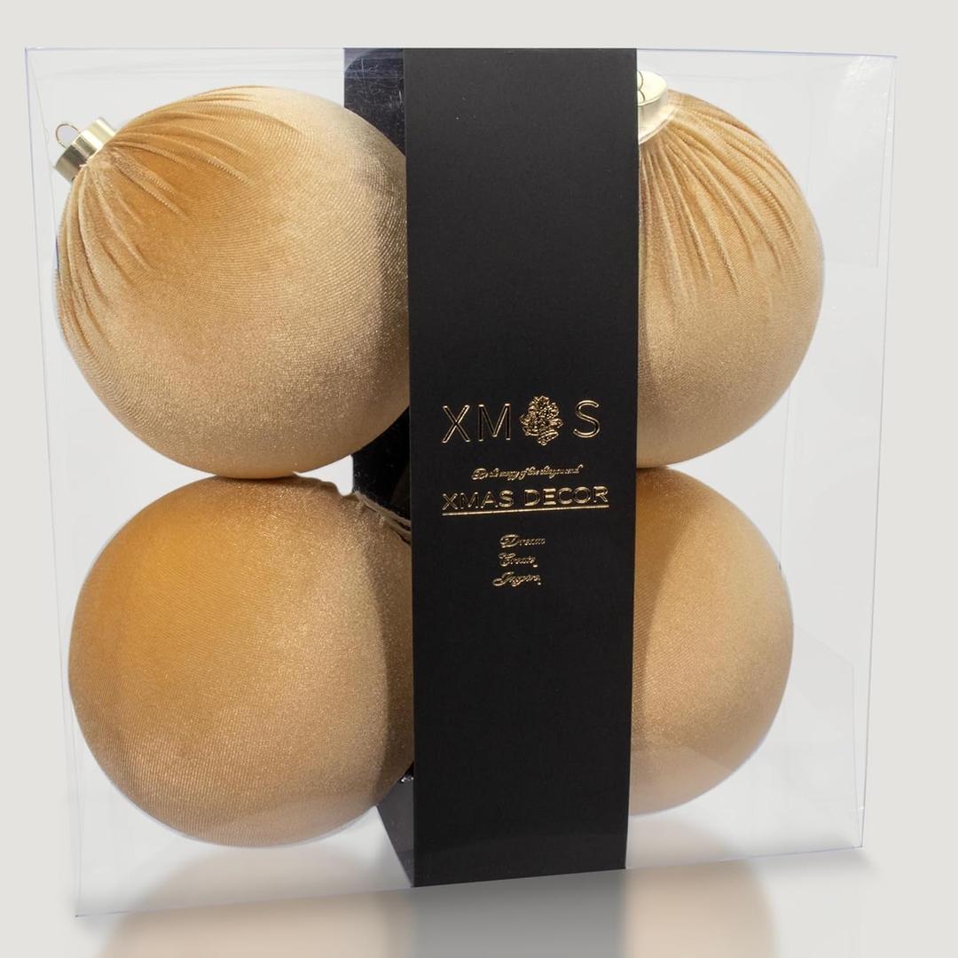 4PCS Gold Brown Velvet Christmas Ornaments Set  6 Inch Large Flocked Shatterproof Baubles for Xmas Tree Decoration, Hanging Ornaments for Holiday & Home Dcor (Gold, 6 Inch / 15 cm)