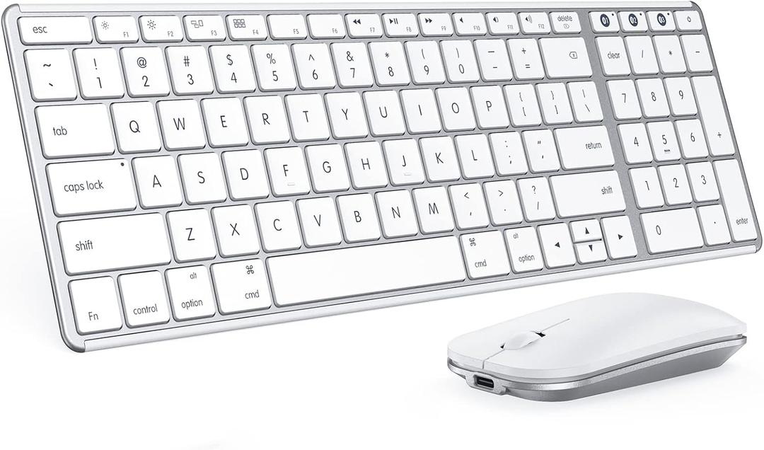 seenda Bluetooth Keyboard and Mouse for Mac, SKM64-2 Multi-Device Rechargeable Slim Wireless Keyboard Mouse Stainless Steel Full Size, Compatible with MacBook Pro/Air, iPad, iMac - White Silver