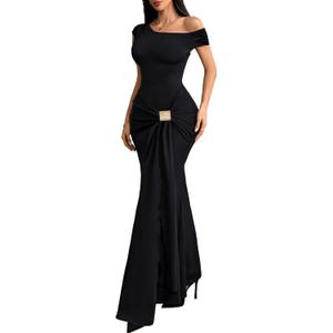 GothDark Women's Elegant Ruched Bodycon Maxi Dress One Shoulder Mermaid Gown Adjustable Buckle for Cocktail Party Formal (Black, Medium)