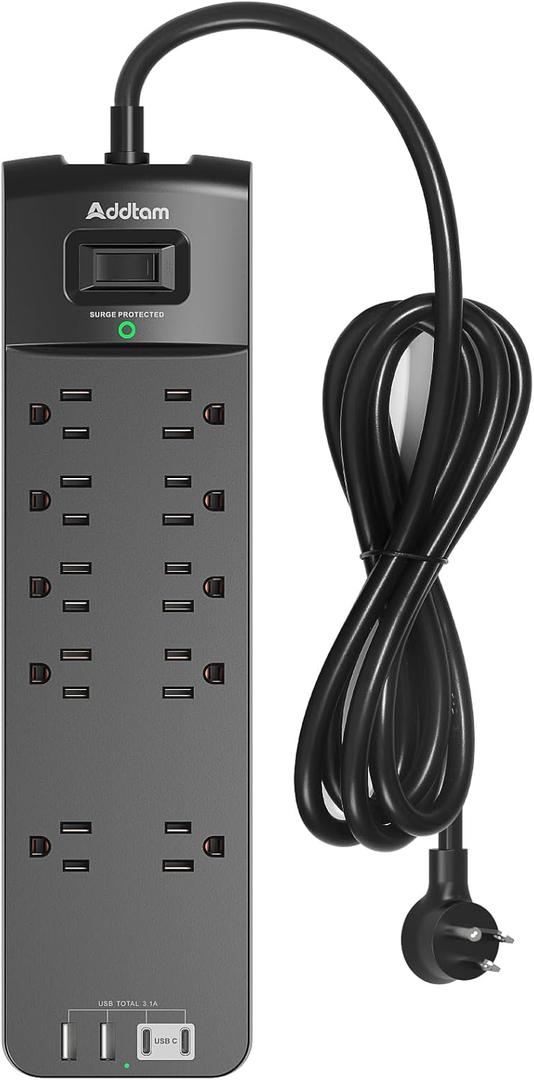 Addtam Power Strips with Surge Protection, 6FT Extension Cord with Multiple Outlets, Surge Protector Power Strip with 10 Outlets and 4 USB Ports(2 USB C), Flat Plug, 2700J, Black