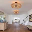 6-Light Large Coastal Boho Woven Flush Mount Ceiling Light Fixture 20 inch Handmade Hemp Rope Round Cage Semi Flush Mount Ceiling Light for Hallway Entry Farmhouse Bedroom Living Room Beach, Black