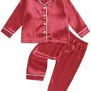 Multitrust Baby Girls Boys Silk Pajamas Set Solid Long Sleeve Button Down Shirts Tops and Pants Infant Satin Pj Lounge Sets, 90