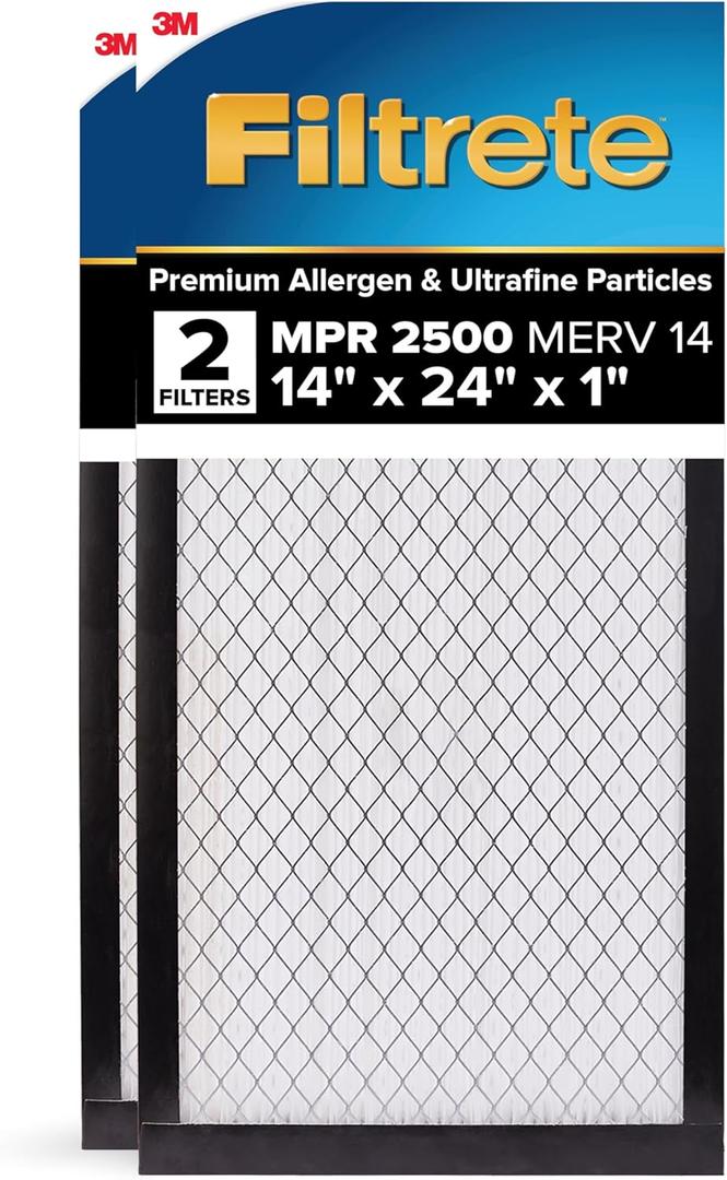 Filtrete 14x24x1 AC Furnace Air Filter, MERV 14, MPR 2500, Premium Ultra Fine Particle, 3-Month Pleated 1-Inch Electrostatic Air Cleaning Filter, 2-Pack (Actual Size 13.81 x 23.81 x 0.81 in)