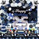 25th Birthday Decorations Set for Him, Navy Blue Silver Black; Includes Birthday Backdrop Banner, Tablecloth, 25 Number Balloons