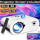 Windele 2024 Upgraded 5G Wifi Bluetooth Projector, M8 Native 1080P Video Projector, Portable Outdoor Projector with Screen, Home Theater Mini Projector Compatible with HDMI/USB, Black & White