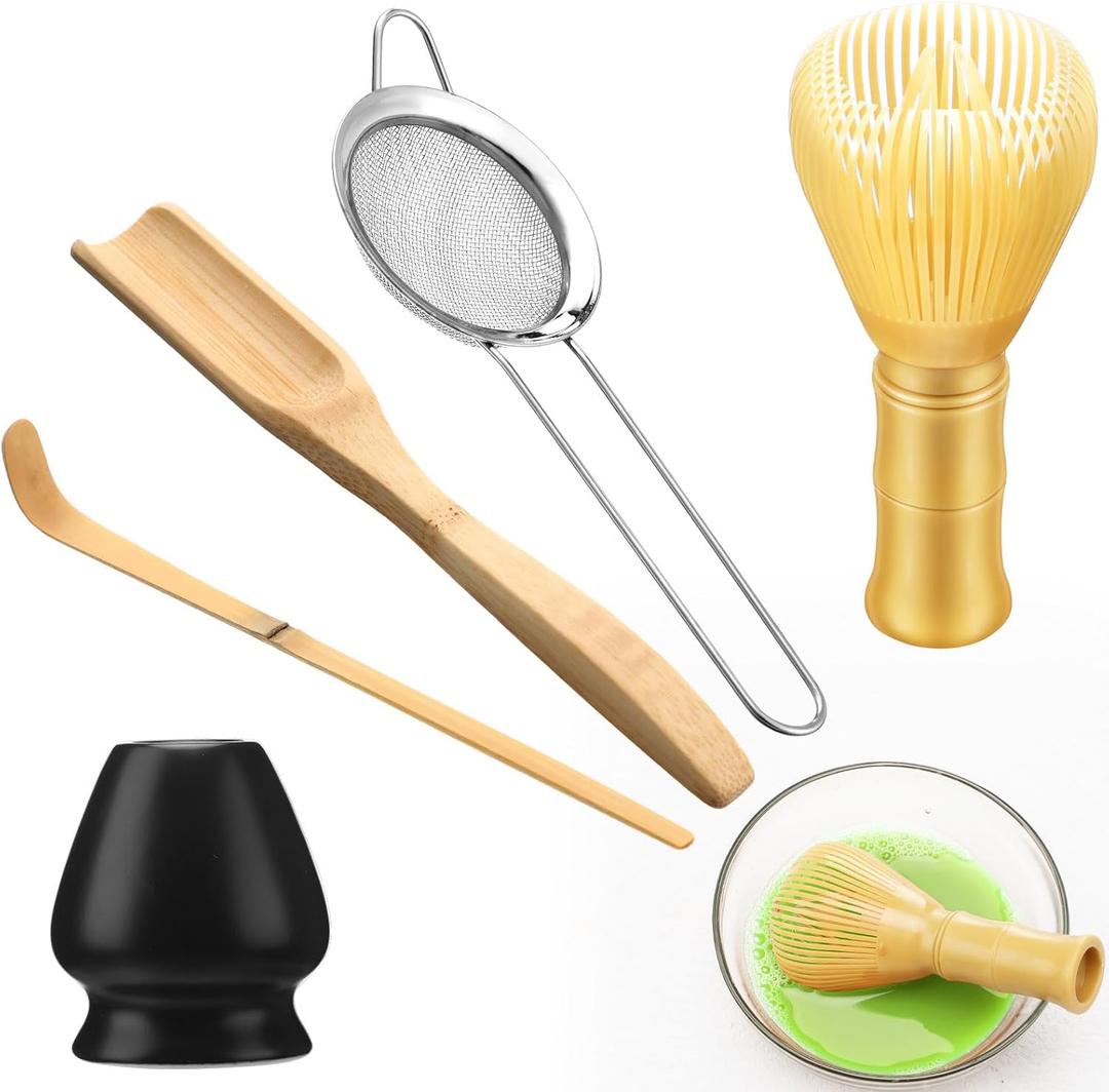 5 Pcs Tea Matcha Whisk Set Traditional Resin Whisk Kit, Chasen Holder, Sifter, Bamboo Scoop, Teas Spoon, Cleaning Brush, Japanese Matcha Making Tools Ceremony Spring Cha Gift for Women