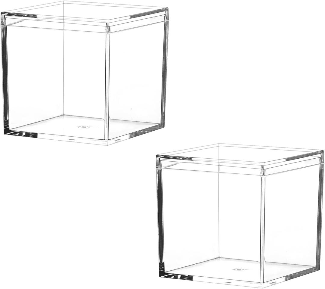 Small Acrylic Box Clear, 2Pcs Plastic Square Cube Containers with Lid Storage Box 2.2x2.2x2.2Inch/55X55X55mm for Candy Pill and Tiny Jewelry