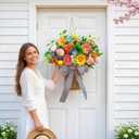 Pinkpuii Spring Summer Door Hanger Basket Wreaths for Front Door, Artificial Peony Hydrangea Flower Wreath with Blueberries & Realistic Peach & Lemon- Ideal for Home Porch Entryway Window Wall Decor