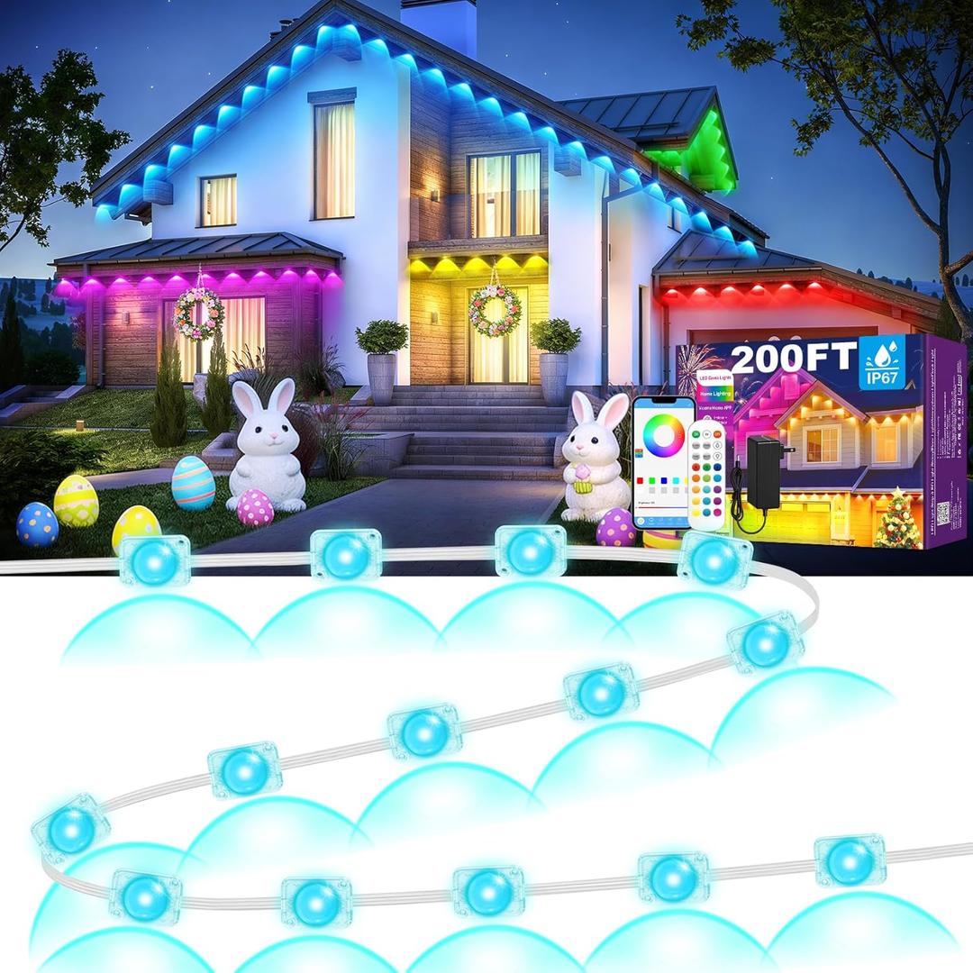 MUCCCUTE Permanent Outdoor Lights for Holidays Easter 200ft RGB House Light w/App & Remote Control Smart Rainbow LED IP67 Waterproof for New Year Christmas Roof Eaves Garden Dcor All Year Around