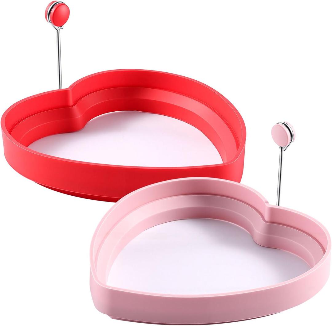 2 Pcs Heart Shaped Pancake Mold Silicone Egg Molds Fried Egg Ring Set with Silicone Handle for Making Sandwich Omelets, Valentine's Day Gift for Breakfast (Red and Pink)