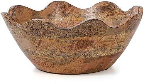 Mela Artisans Wooden Scalloped Bowl - Medium | Ruffle Decorative Style | Rustic Kitchen Decor | Mango Wood | Natural Grain Finish | Fits Bread, Fruits, Salad or Popcorn | 10” x 4” x 9”