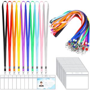 50 Pack Name Tag Lanyards with Id Holder, Clear Plastic Horizontal Name Tags Holders and Black Badge Lanyards with ID Holder for School Office Team Workers Volunteers (Multicolor)