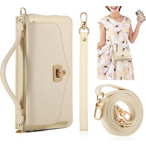 Crossbody Wallet Case for iPhone 17 Pro Max 6.9", Magnetic Detachable PU Leather Phone Case with RFID Blocking Card Holder Wristlet Mirror Flip Zipper Shoulder Purse for Women - Off-White