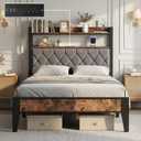 Twin Bed Frame with Upholstered Storage Headboard and Charging Station