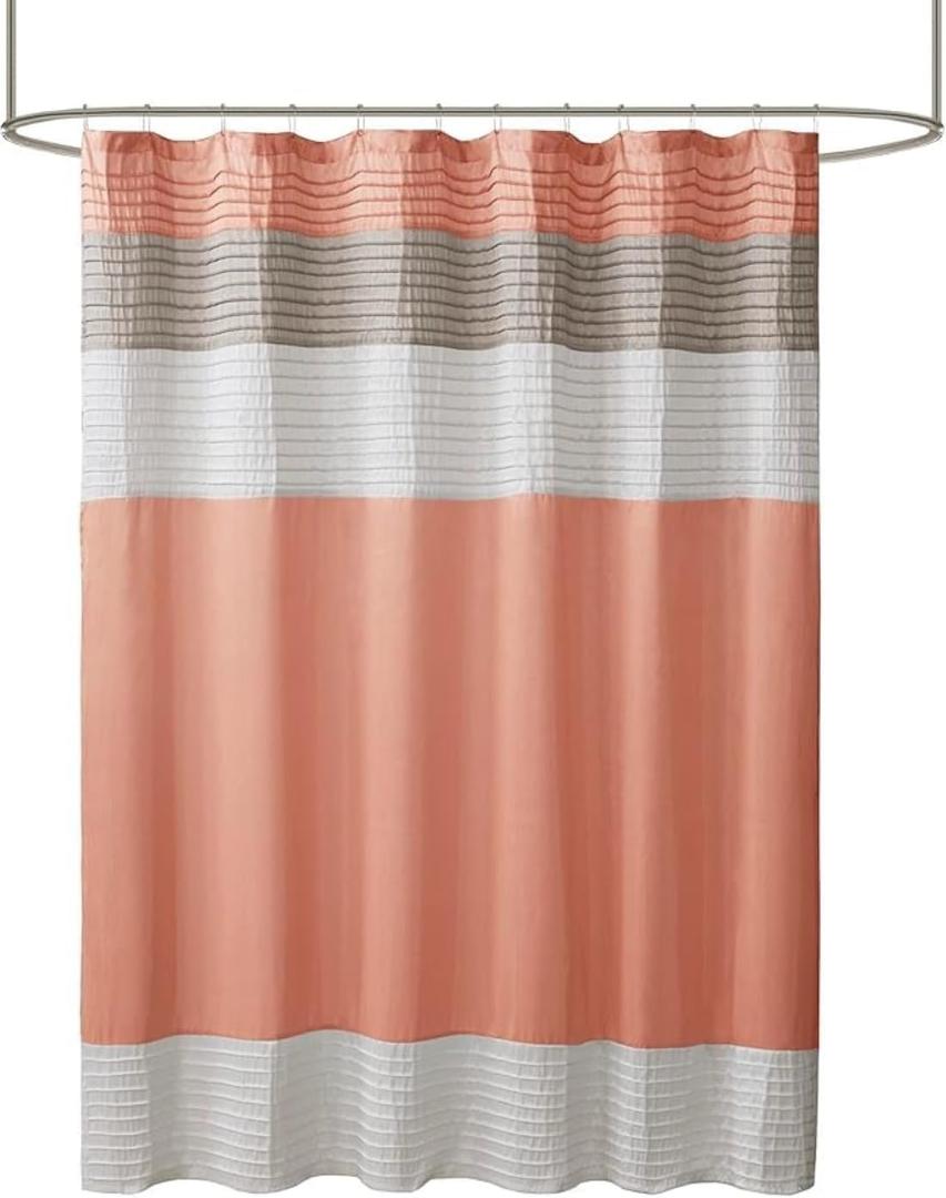 Madison Park Amherst Bathroom Shower Curtain Faux Silk Pieced Striped Modern Microfiber Bath Curtains, 72x72 Inches, Coral