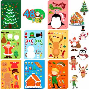 LINAYE 48 Sheets Christmas Stickers Crafts for Kids Toddlers, 8 Styles Make Your Own Stickers Goodie Treat Bag Stuffers Christmas Game Activities for Kids Toddlers Party Favors