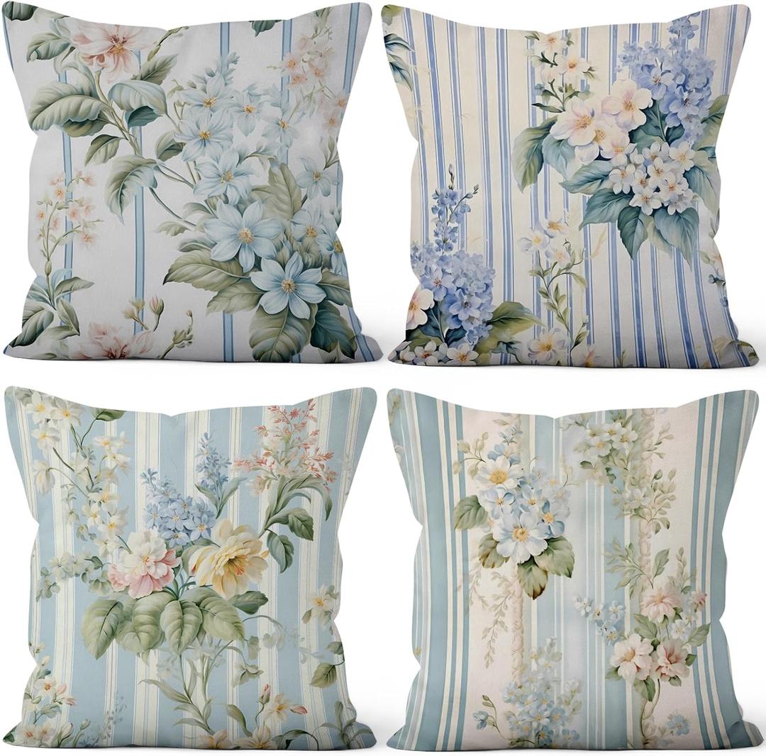 4 Pcs/Set Plants Pillow Covers Summer Flowers Green Leaves Vintage Geometric Lines Botanical Minimalist Linen Cushion Case for Outdoor Couch Sofa Bedroom Home Farmhouse Decor, 16"x16" (Floral 13)