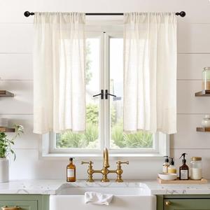 BGment Beige Linen Curtains 40 Inch Length for Short Window - Small Semi Sheer Drapes with Rod Pocket for Cafe Kitchen Bedroom Light Filtering Cream Curtain, 2 Panels, Each Panel 30 Inch Wide