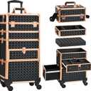 Makeup Train Case with Drawer, Rolling Makeup Case, Cosmetology Case on Wheels, Gift, Large Makeup Case Organizers, Professional for Salon Barber, Nail, Tattoo, Black Gold