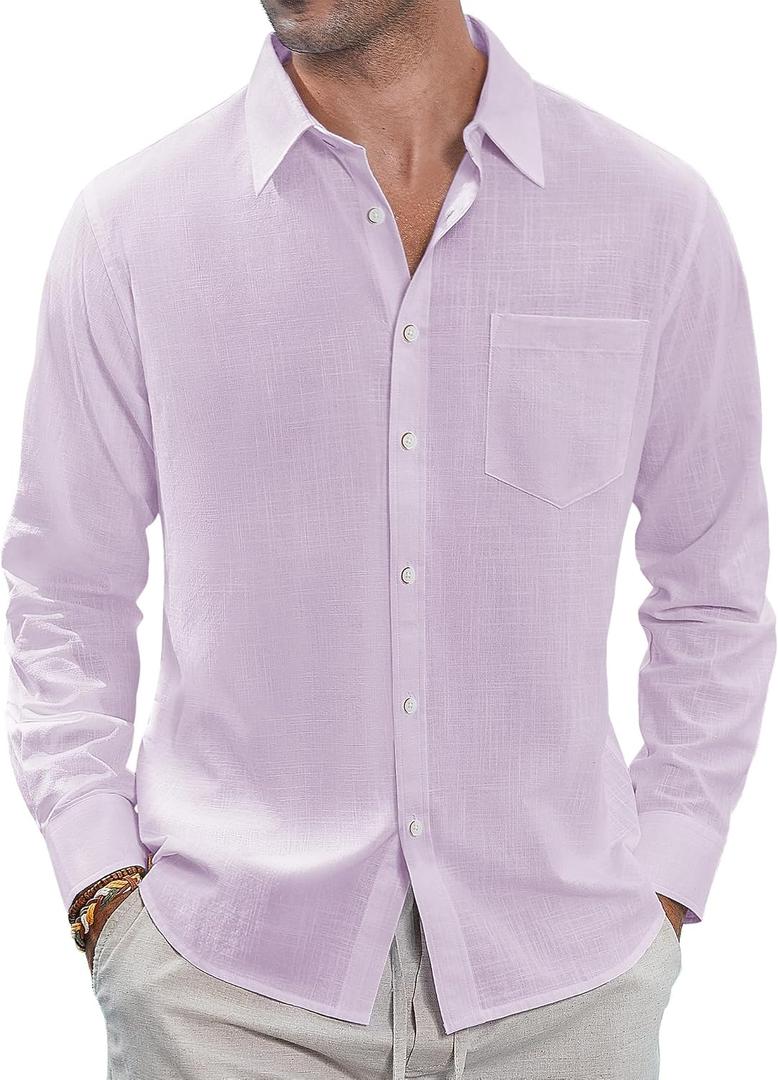 J.VER Men's Linen Shirts Casual Button Down Long Sleeve Shirt Solid Spread Collar Summer Beach Shirts with Pocket (Purple, XL)
