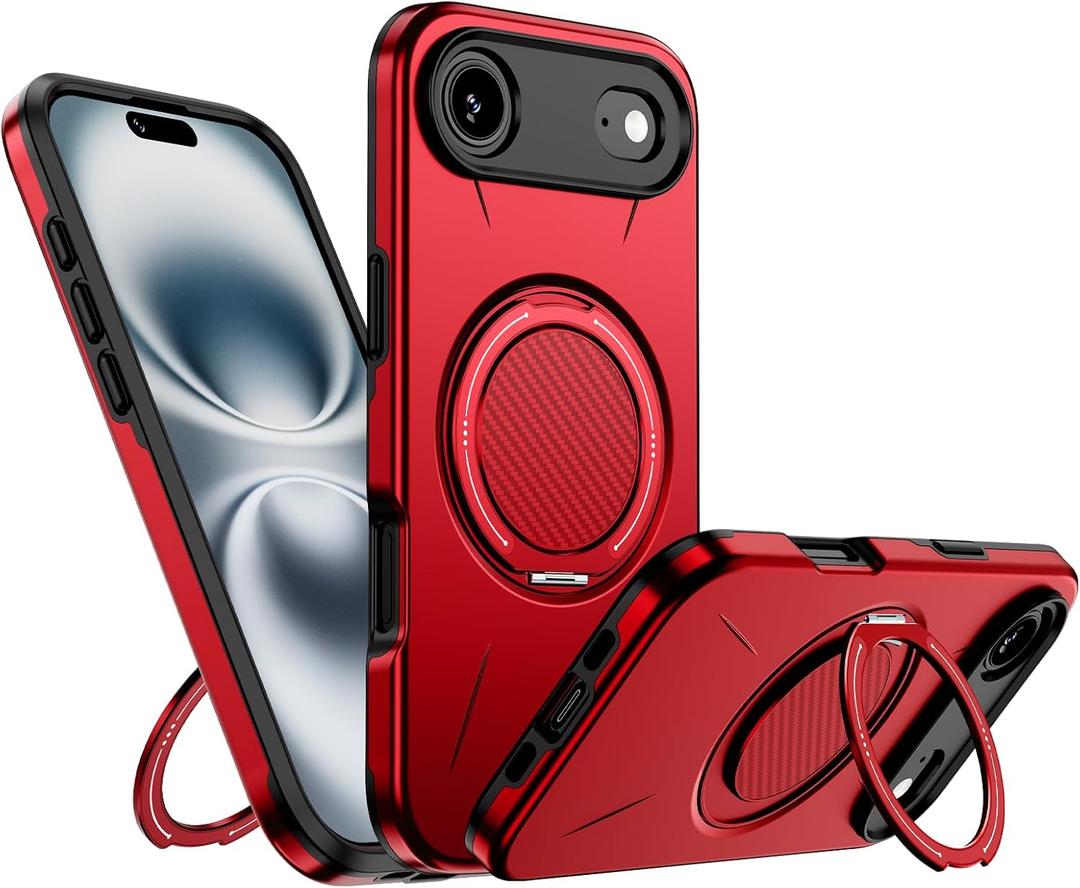 for iPhone 17 Air Case Magnetic, Military Grade Shockproof Phone Case Cover with 360 Rotatable Metal Ring Stand Kickstand [Compatible with MagSafe] for iPhone 17 Air, Red