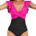 B2prity Women's One Piece Swimsuit Ruffle Slimming Tummy Control Bathing Suit Criss Cross High Waist 1 Piece Swimwear (X-Large, Hot Pink, Black)