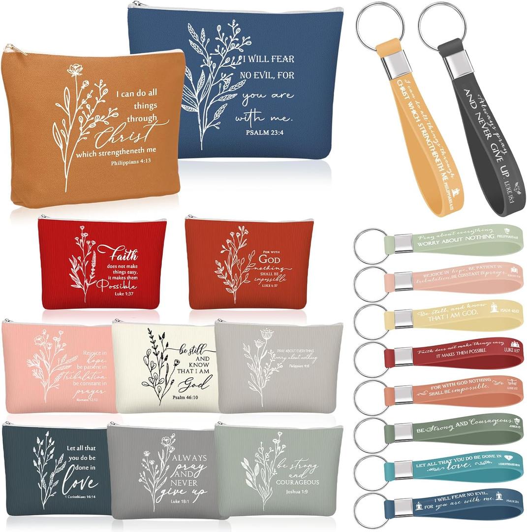 Fumete 20 Set Grandparent Day Gift for Church Women Inspirational Bible Keychains and Boho Canvas Makeup Bags Religious Gifts for Church Sunday School Teacher Mom (Bright Color)