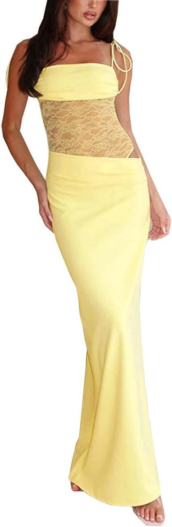 Women Sexy Lace Patchwork Maxi Dress Spaghetti Straps Y2K Sheer Long Bodycon Club Cocktail Long Dresses (Small, Yellow)
