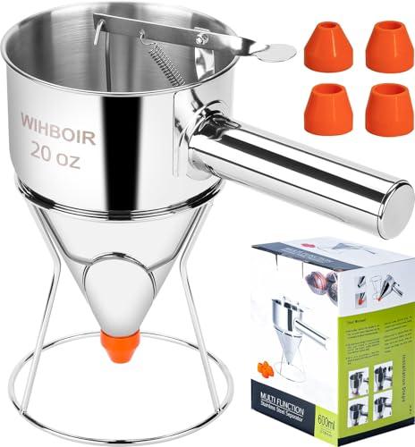 WIHBOIR Stainless Steel Pancake Batter Dispenser with Squeeze Handle and Multi-Nozzle, for Pancakes, Cupcakes, and Baked Goods. 20 oz
