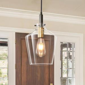 Vaziden Modern Glass Pendant Lighting for Kitchen Island, Farmhouse Black and Gold Pendant Light Fixtures 1 Pack, Adjustable Hanging Ceiling Light Angled Clear Glass Shades 8 Inch