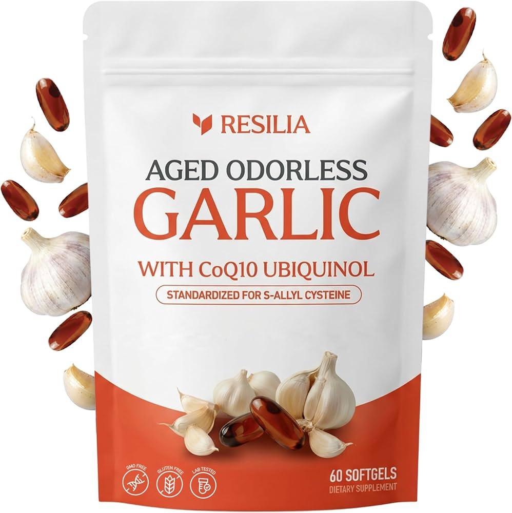 Resilia Garlic Extract 600mg Softgels (60ct) – Odorless Aged Garlic with CoQ10 Ubiquinol & Vitamin K2 as MK-7 – 20-Month Matured, Standardized for S-Allyl Cysteine - Heart & Immune Support, 05/15/2028