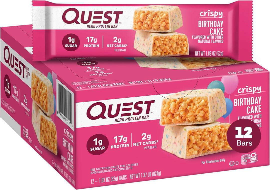 Quest Nutrition Crispy Birthday Cake Hero Protein Bar, 17g Protein, 1g Sugar, 2g Net Carbs, Gluten Free Protein Snack, Keto Friendly, 12 Count, Best Before 06/21/2026