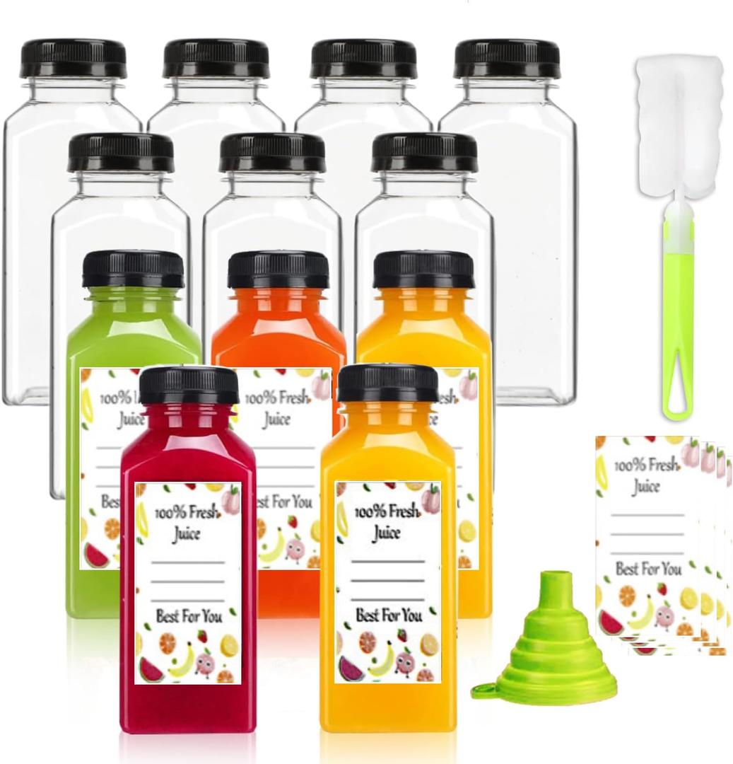 Plastic Juice Bottles with Caps 12 pcs, 12oz Reusable Juice Containers with Tamper Proof Lids Black, Clear Bottles for Juicing, Milk, Smoothie, Drinking, and Other Beverages Christmas Gifts
