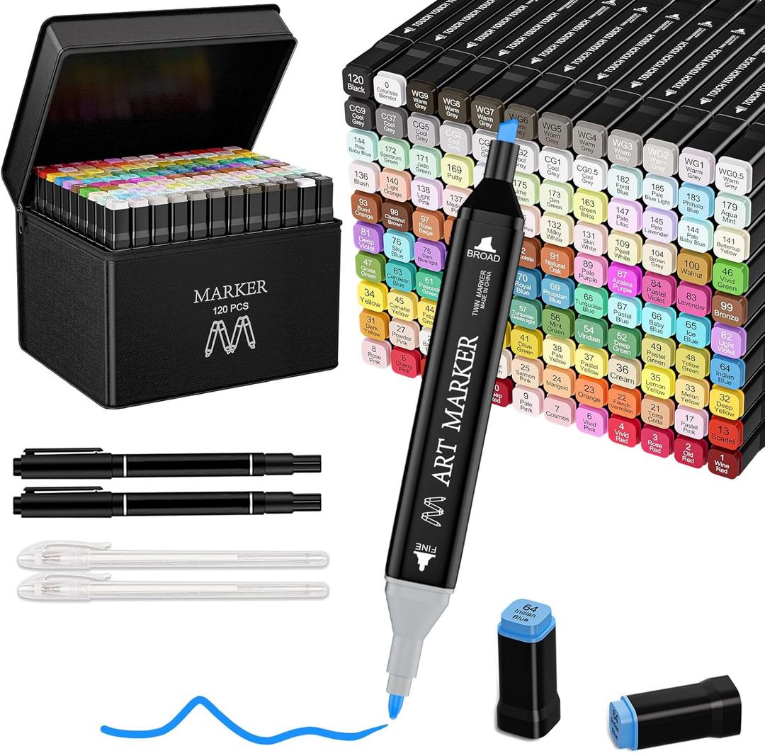 Alcohol Markers Set, 120 Colors Dual Tip Markers for Adult Coloring Books, Art Marker for Kids Adults Sketch Drawing, Marker Set with stand and Carry Case (120)
