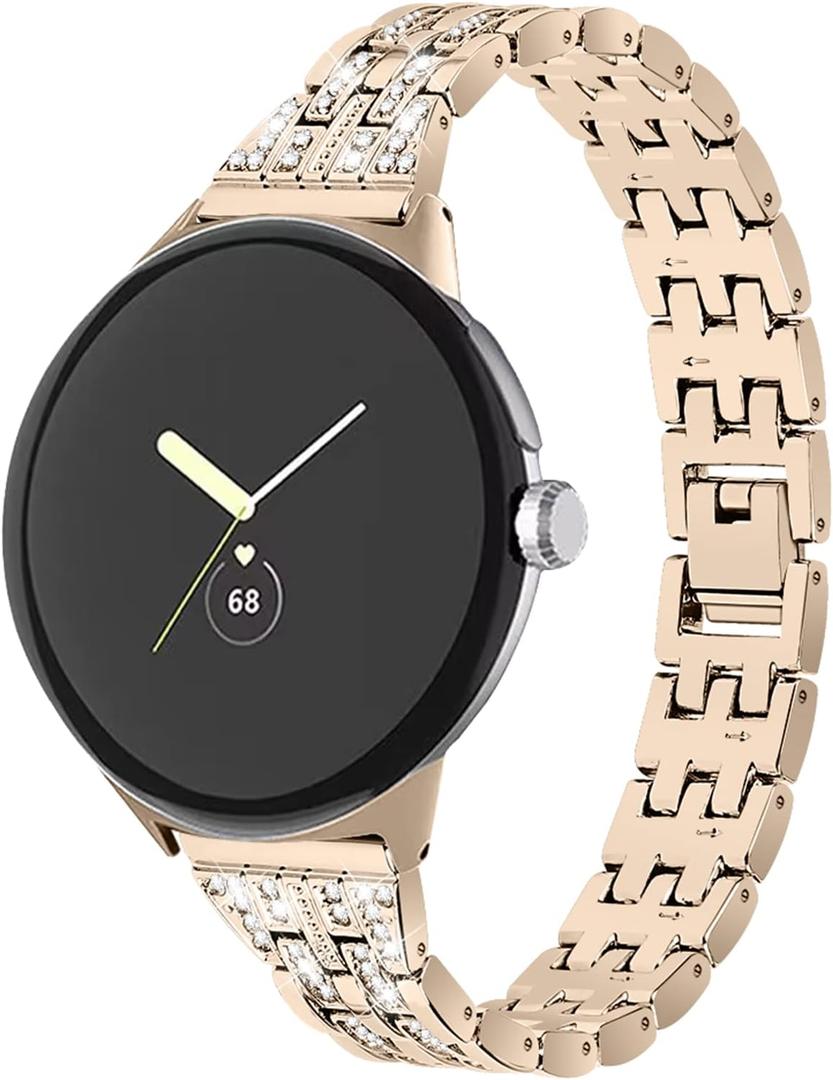 FitTurn Compatible With Google Pixel Watch 3 41mm/Watch 2 1 Band Women Bling Diamond Metal Strap Dressy Crystal Strap Band For Google Pixel 3 41mm Smartwatch Accessories (Champagne)
