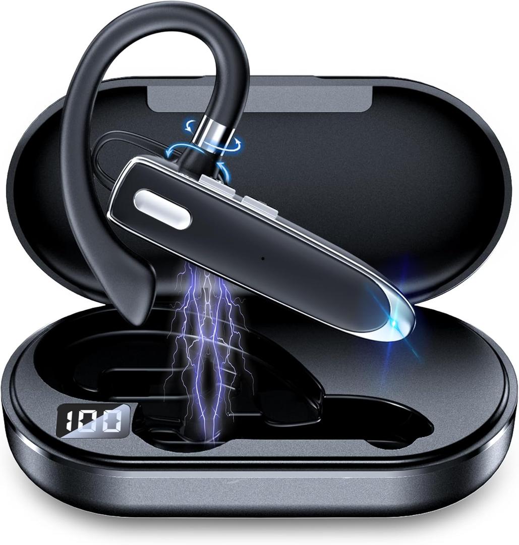 Bluetooth Headset Single Ear Business Earbuds, Wireless Headphones with Mic, Wireless Earbuds with 800mAh Charging Case, 100 Hours Standby Time Bluetooth Earpiece, Earphones for Work,Trucker, Office