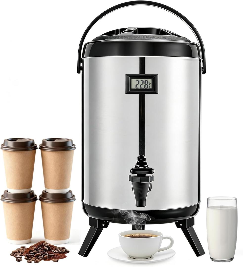 3.2 Gal/12L Non-Electric Insulated Beverage Dispenser, Stainless Steel Thermal Drink Server with Spigot & Temp Display, Hot & Cold Drink Dispenser for Cafes, Restaurants, Parties, Silver (EXP 01/03/27)