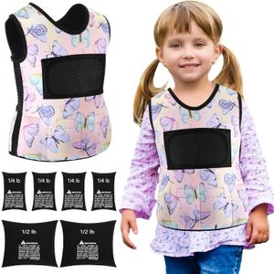 Janmercy Weighted Vest for Kids Ages 4 to 7 and Ages 8+ Boy Girl Adjustable Breathable Compression Vest for Processing Issue(Butterfly,Small,Pink)