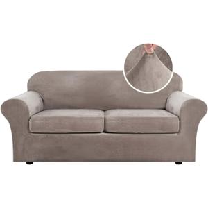 H.VERSAILTEX Real Velvet Plush 3 Piece Stretch Sofa Covers Couch Covers for 2 Cushion Couch Sofa Slipcovers Width Up to 90 Inch Feature Thick Soft Stay in Place (Large Sofa, Taupe)
