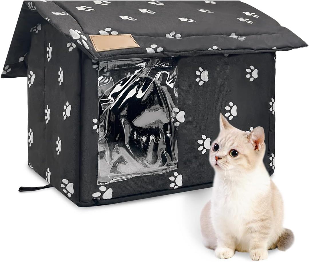 Fhiny Stray Cats Shelter, Waterproof Outdoor Cat House Foldable Warm Pet Cave for Winter Wild Animal Tent Bed Anti-Slip Kitten Cave for Feral Cat Dog Puppy Weatherproof Black (S:13.4"11.8"13.7")