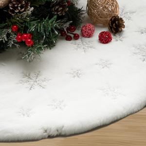 Faux Fur Christmas Tree Skirt 36 Inch, Luxury White Plush Tree Skirt with Silver Embroidered Snowflakes, Thick Xmas Tree Mat for Holiday Decorations (Silver, 36")