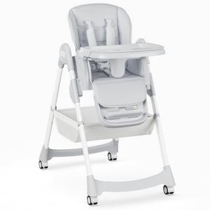 Baby High Chair, Foldable Convertible High Chair for Babies & Toddlers, Adjustable Height & Recline with Removable Double Tray, PU Cushion, Storage Basket, Easy to Clean, Gray