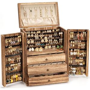 Jewelry Box Organizer, Large Wooden Jewelry Boxes for Women, Rustic Earring Jewelry Organizer for Necklace Earring Ring Bracelet, Gift for Her