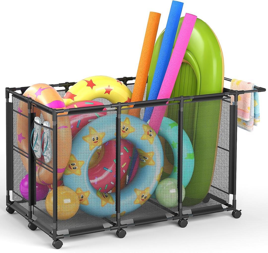 ALIMORDEN Pool Storage Bin with Wheels, Extra Large Pool Toy Organizer with Handles, Mesh Rolling Pool Float Storage for Outdoor, Holds Noodles Floats Towels, Heavy Duty Metal Frame for Patio, Black